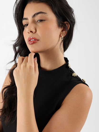 Sleeveless Above-Knee Dress with Buttoned Shoulders