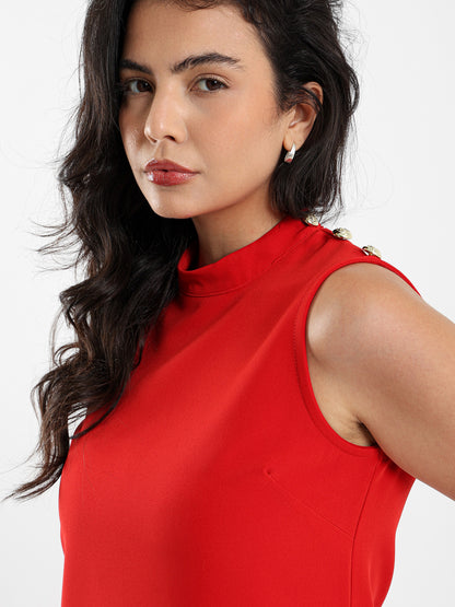 Sleeveless Above-Knee Dress with Buttoned Shoulders