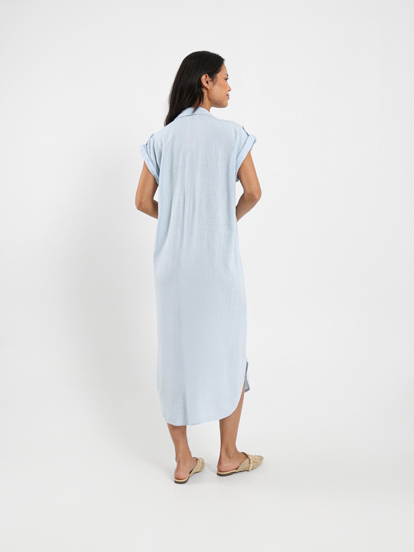 Short Sleeve V-Neck Midi Linen Dress