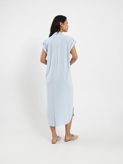 Short Sleeve V-Neck Midi Linen Dress