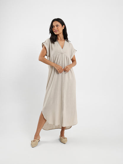Short Sleeve V-Neck Midi Linen Dress