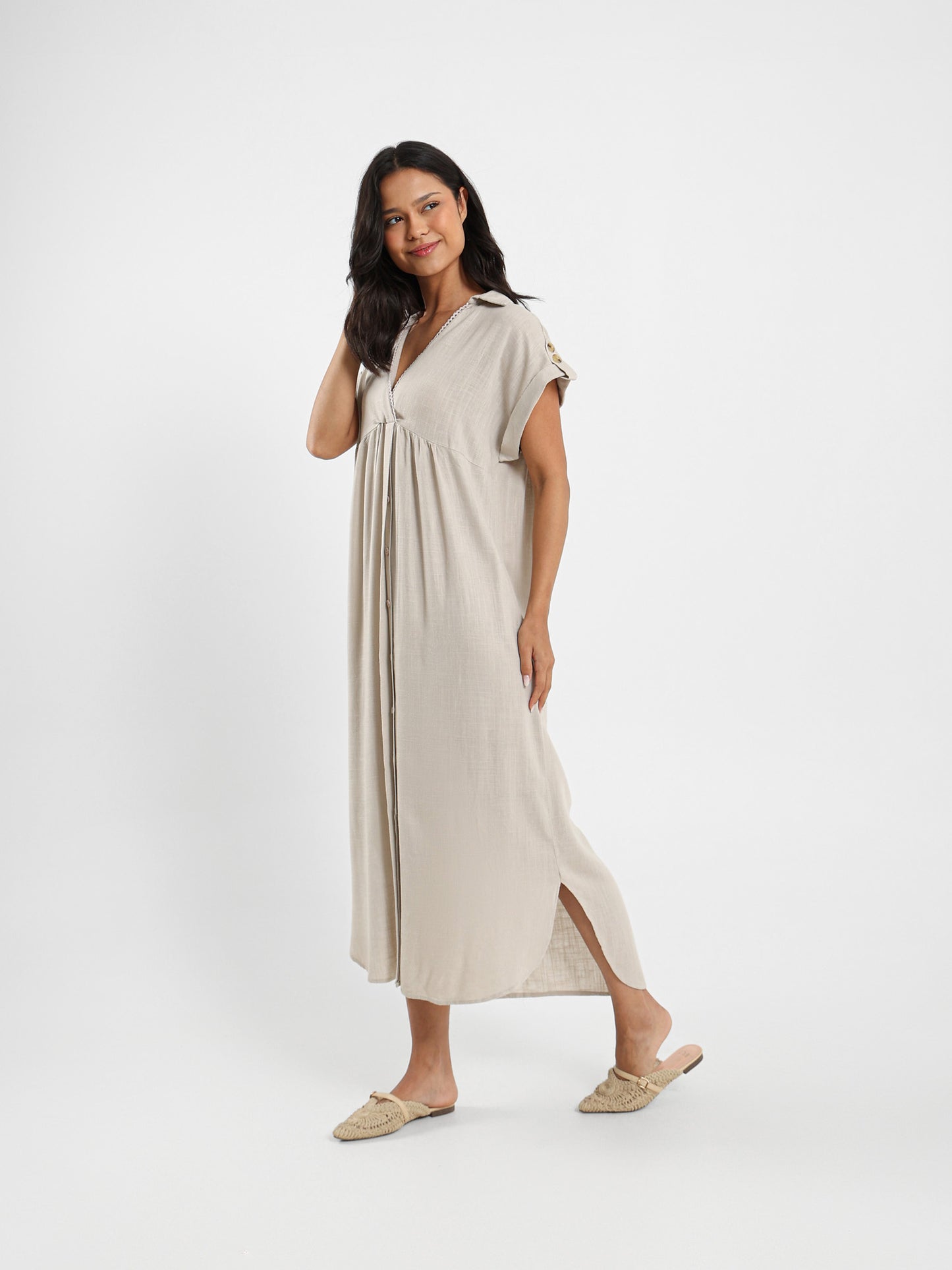 Short Sleeve V-Neck Midi Linen Dress