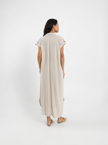 Short Sleeve V-Neck Midi Linen Dress