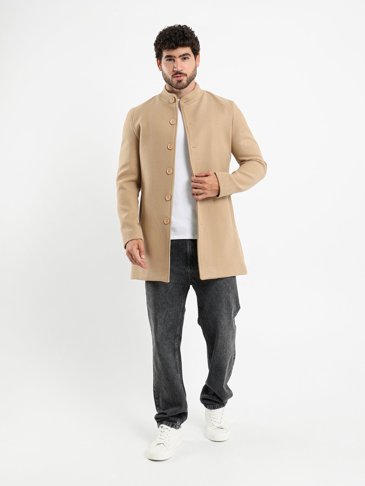Regular Fit Wool Coat with High Collar