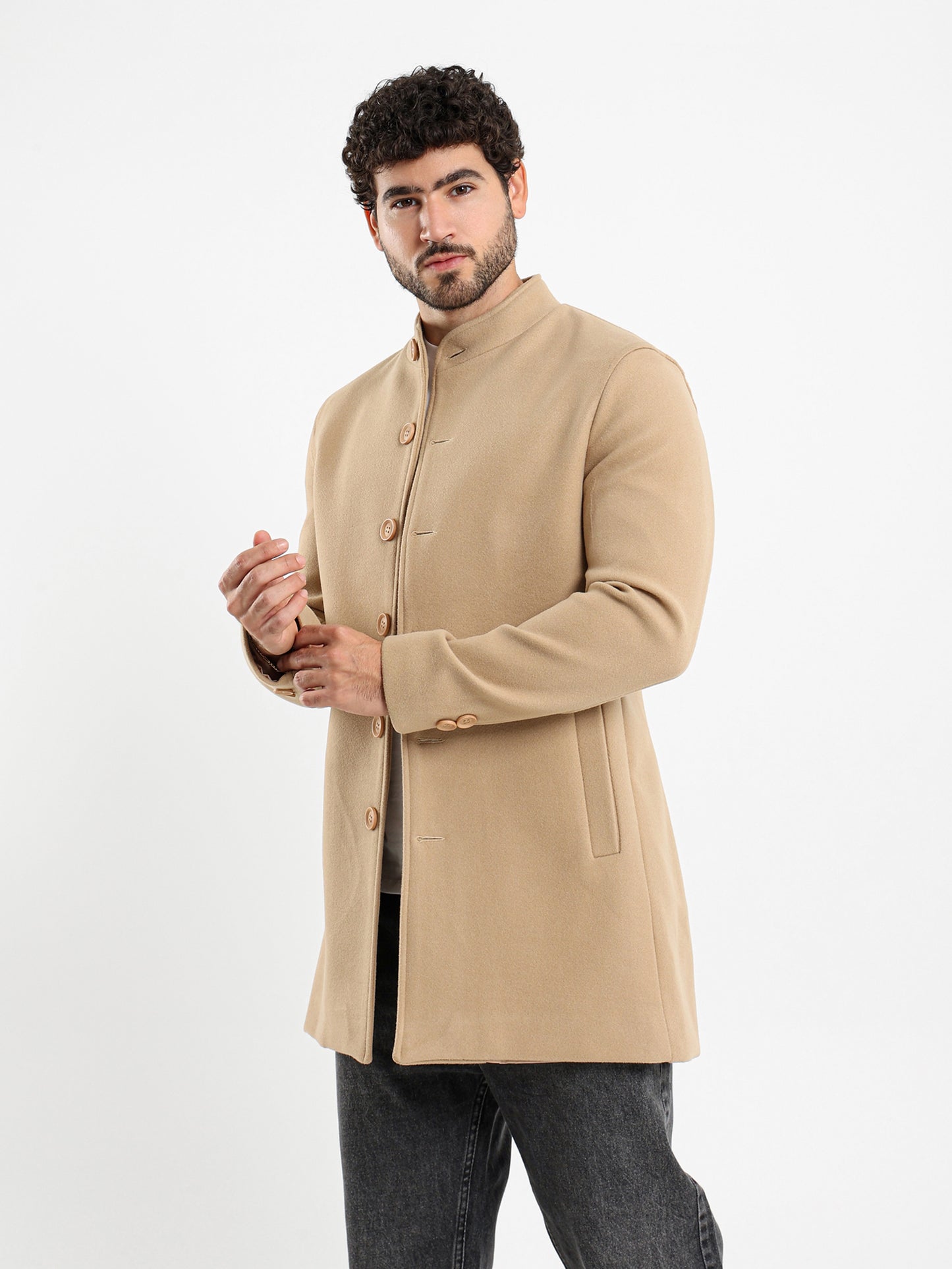 Regular Fit Wool Coat with High Collar