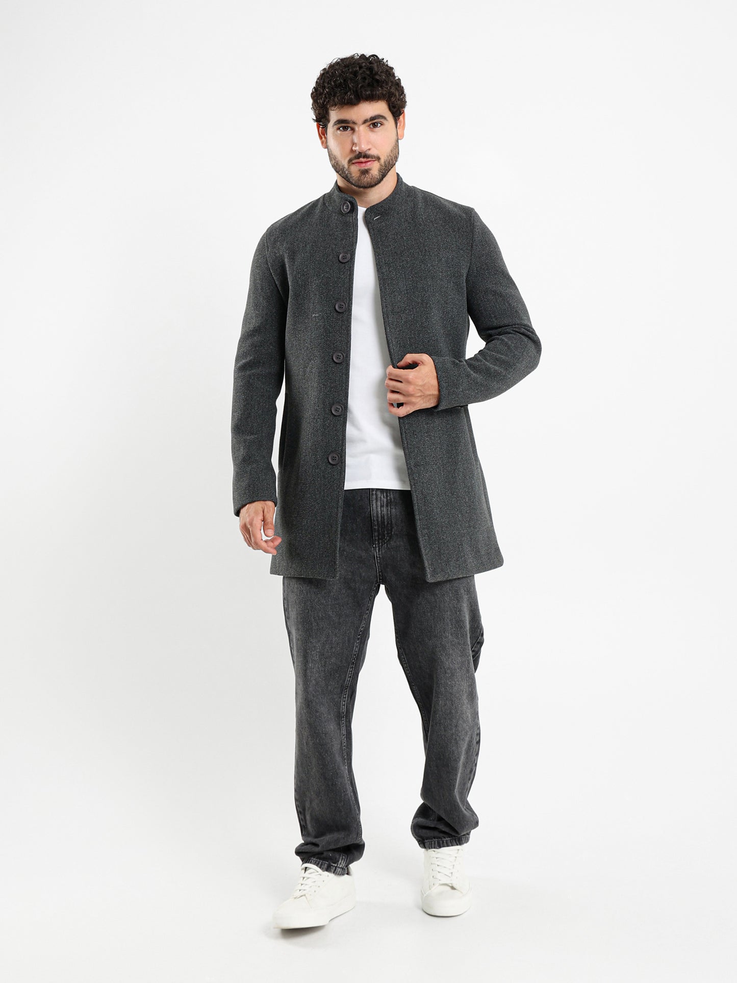 Regular Fit Wool Coat with High Collar