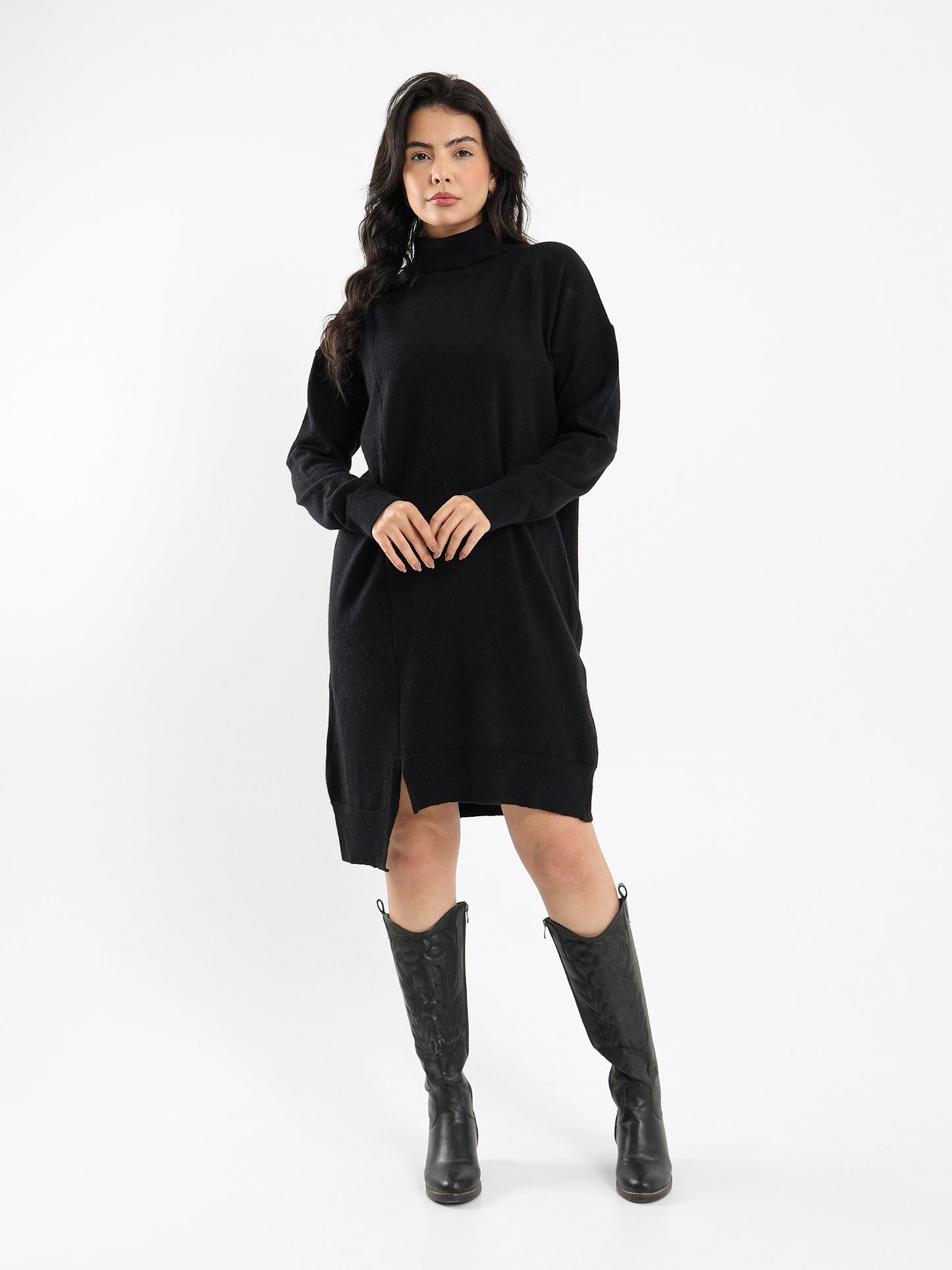 Knee-Length Turtleneck Dress with Slit