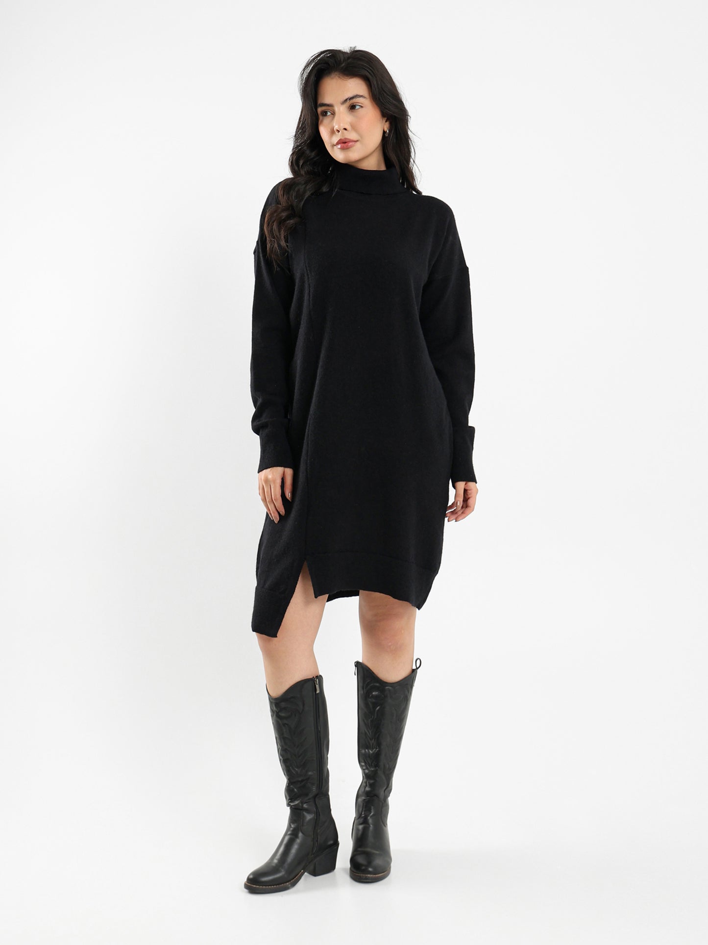 Knee-Length Turtleneck Dress with Slit