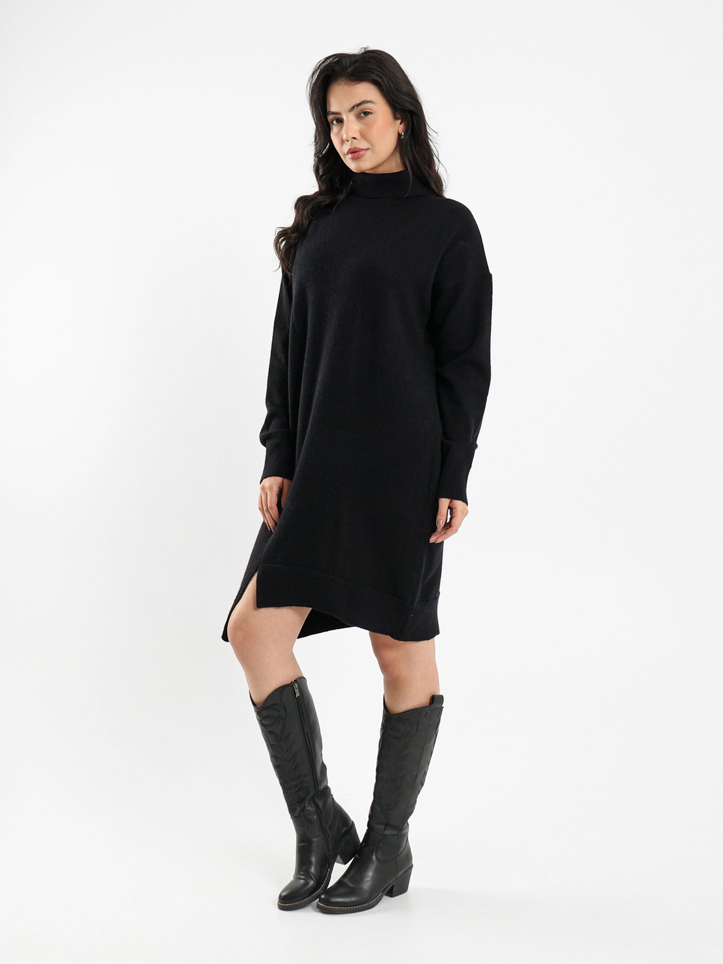 Knee-Length Turtleneck Dress with Slit