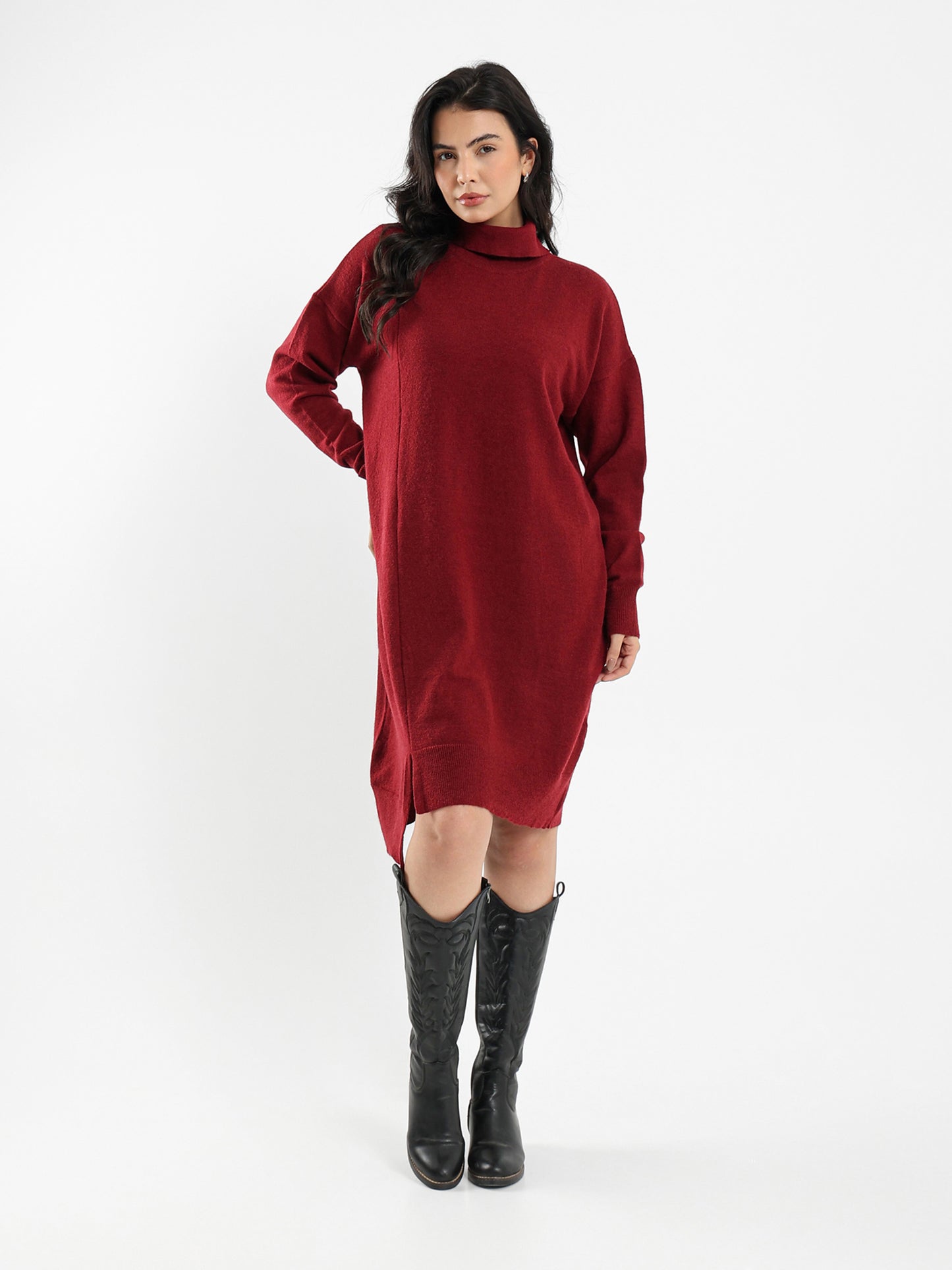 Knee-Length Turtleneck Dress with Slit