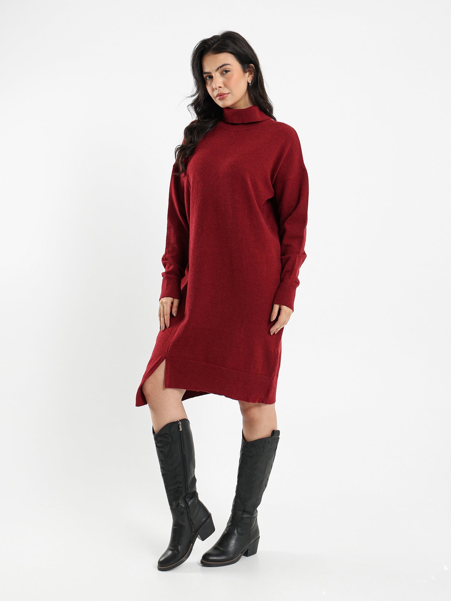 Knee-Length Turtleneck Dress with Slit