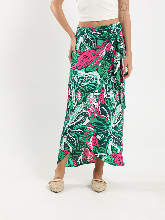 Printed Wrap Tie Front Midi Skirt