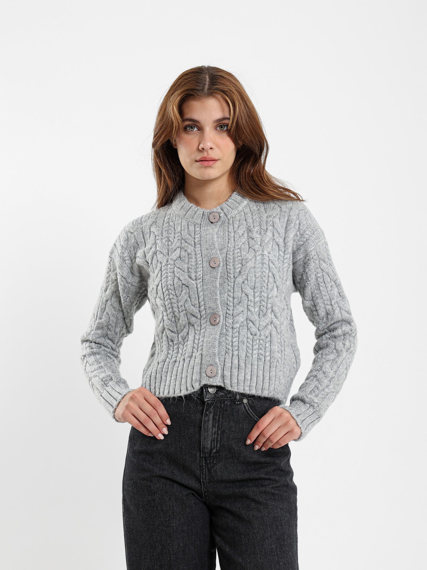 Cropped Cable-Knit Button-Up Cardigan