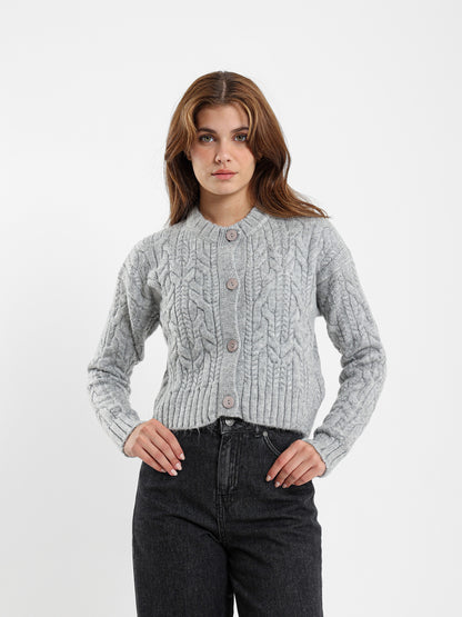 Cropped Cable-Knit Button-Up Cardigan