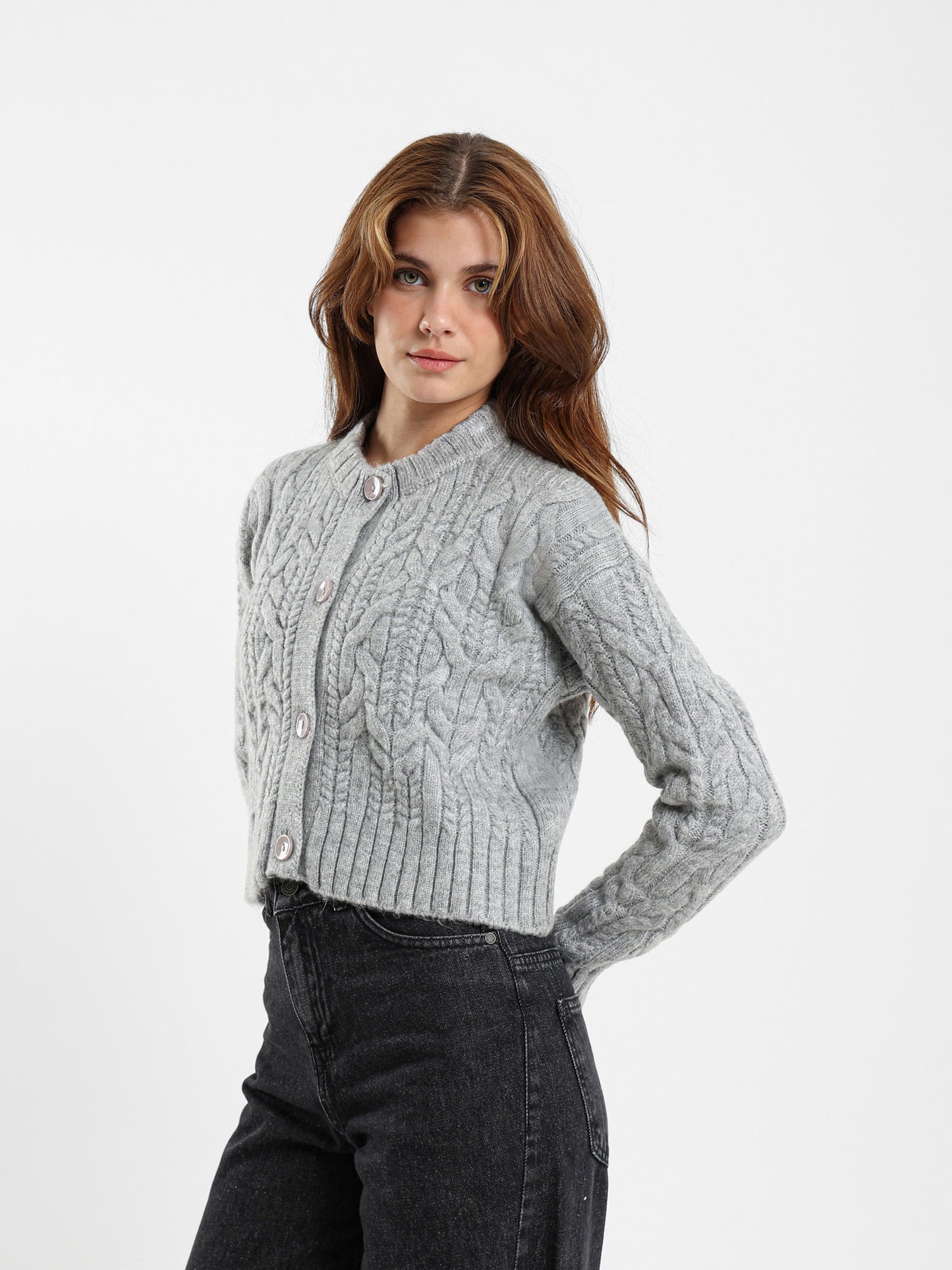 Cropped Cable-Knit Button-Up Cardigan