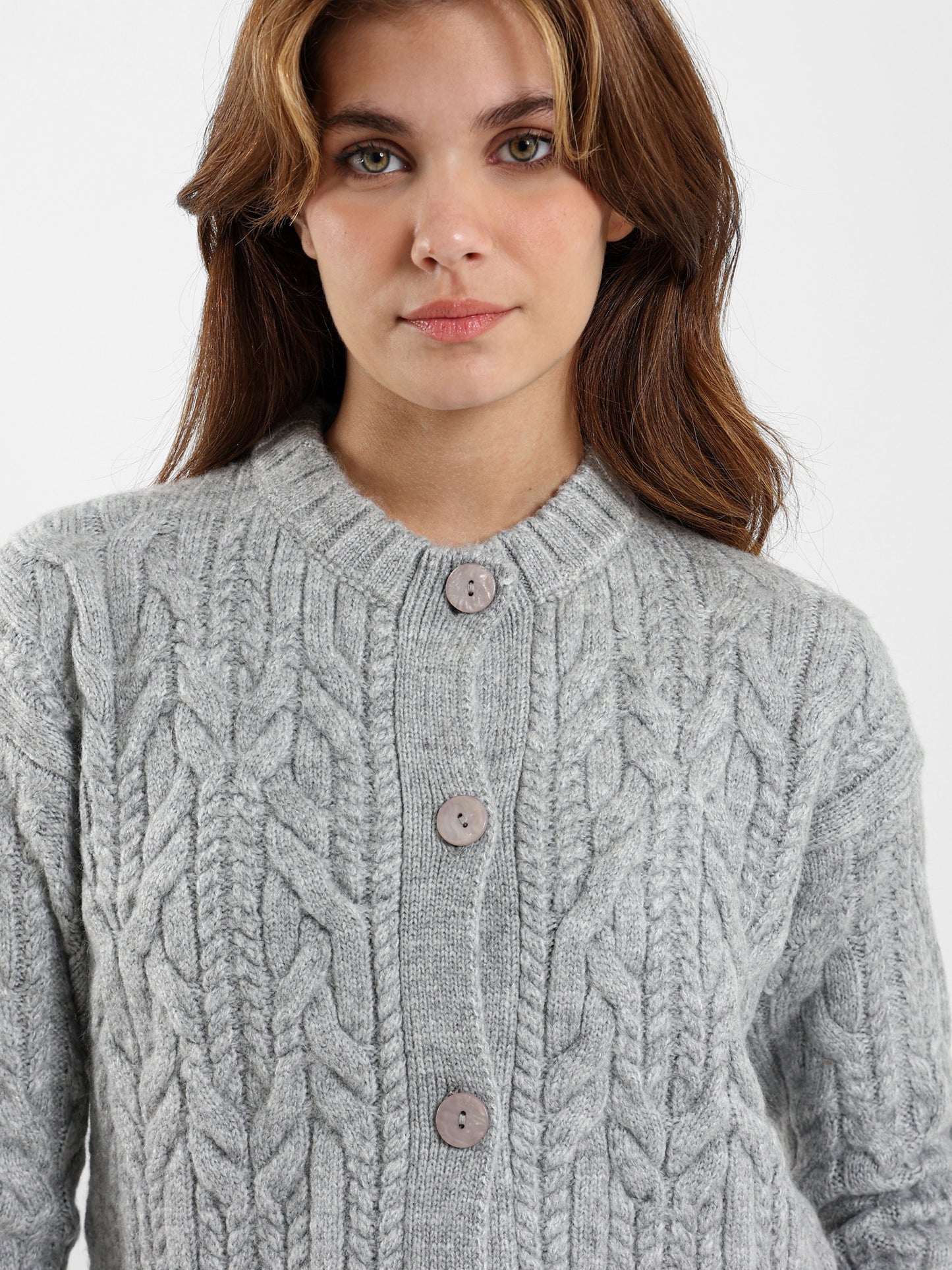 Cropped Cable-Knit Button-Up Cardigan