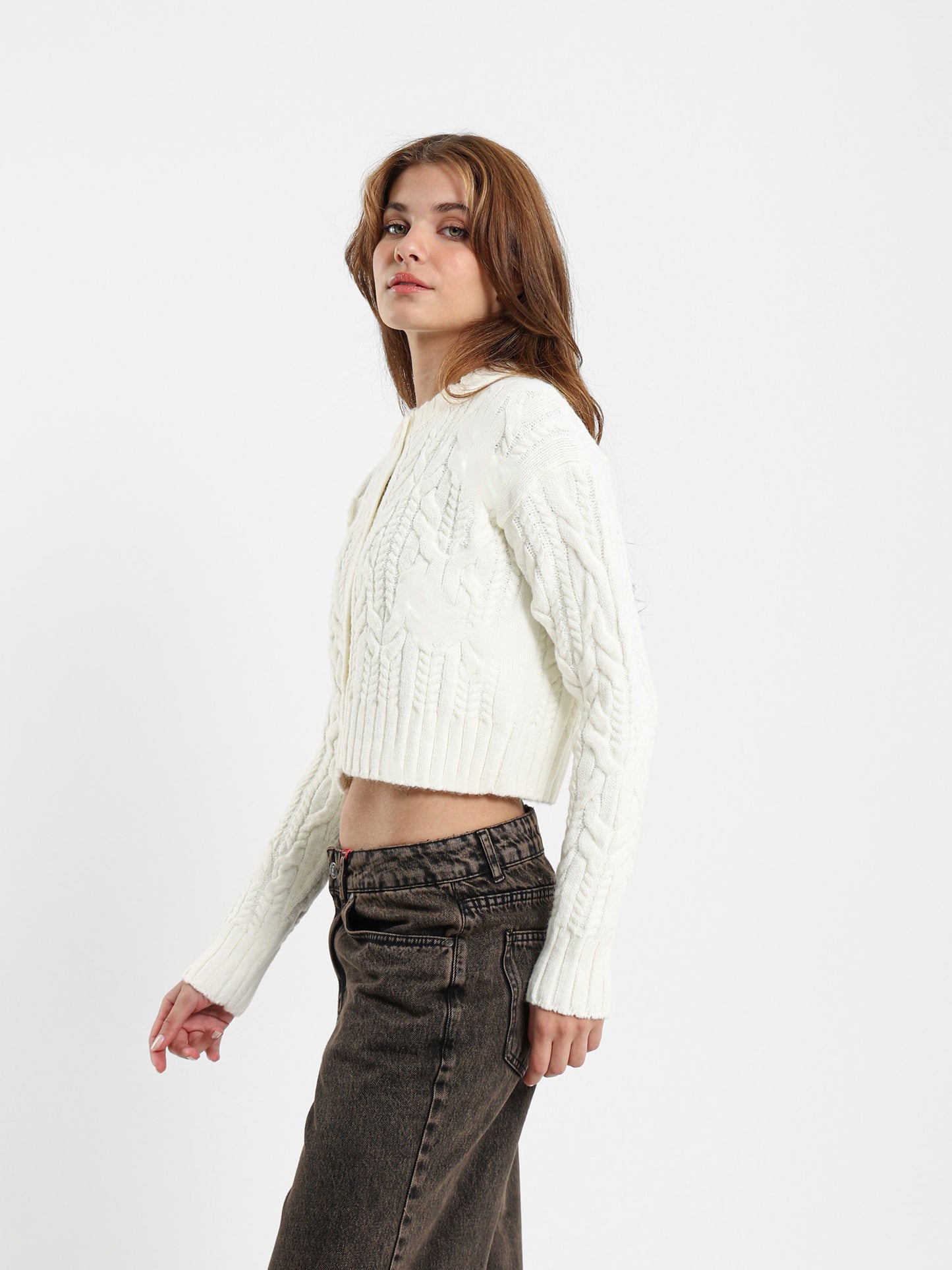 Cropped Cable-Knit Button-Up Cardigan