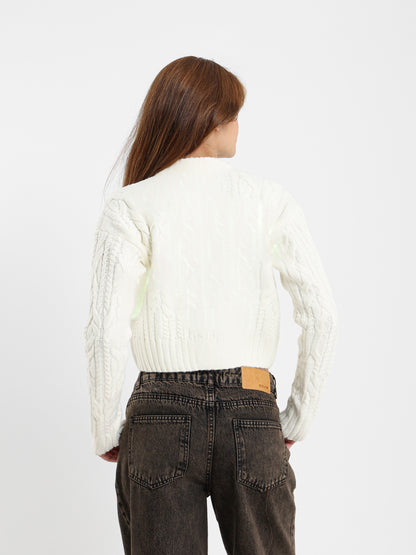 Cropped Cable-Knit Button-Up Cardigan