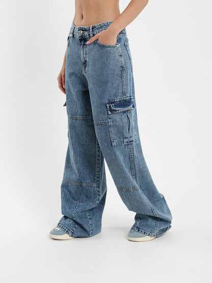Drawstring Waist Baggy Cargo Jeans