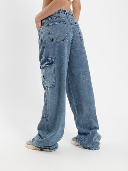 Drawstring Waist Baggy Cargo Jeans
