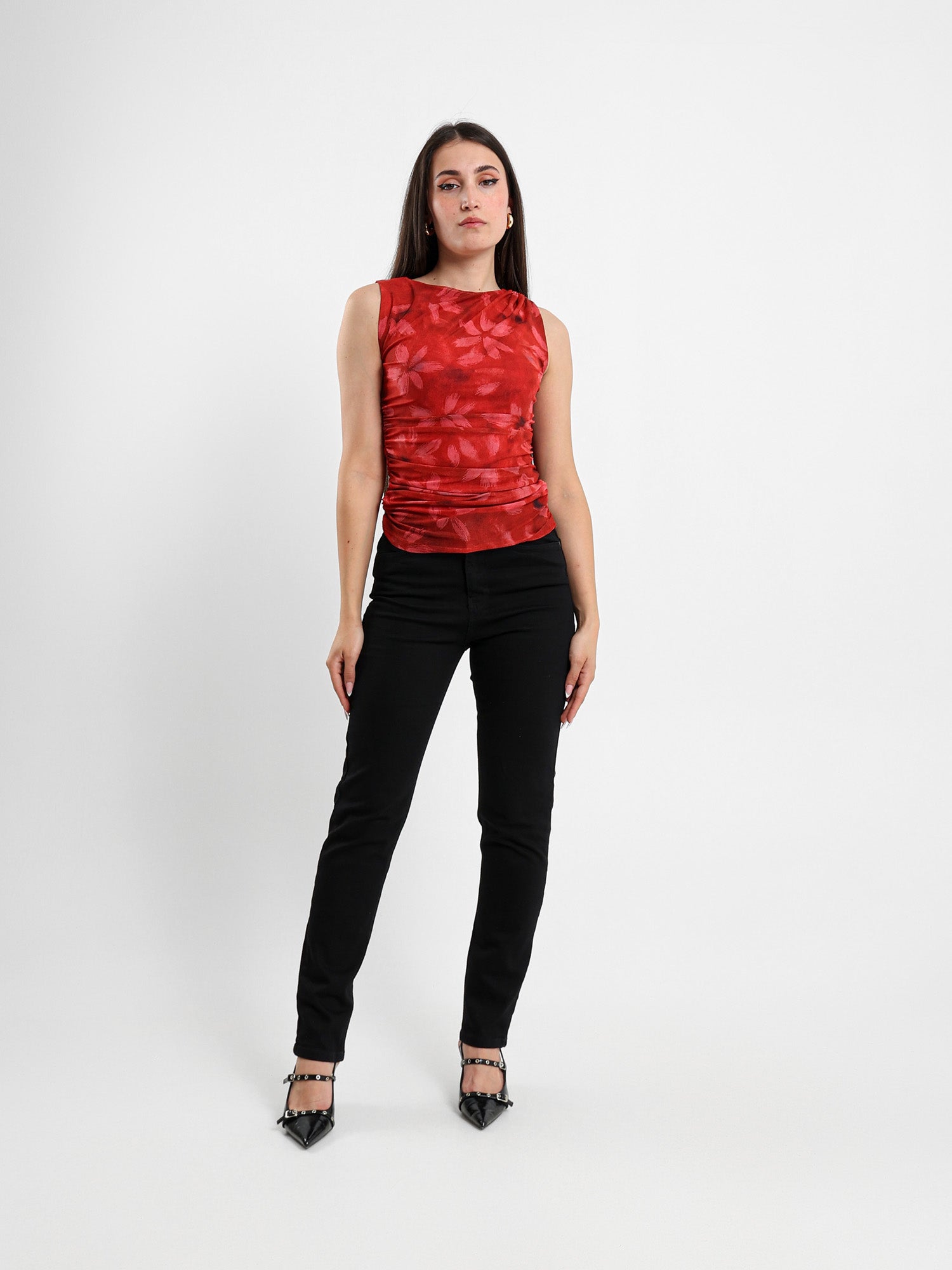 Mesh Gathered Printed Top