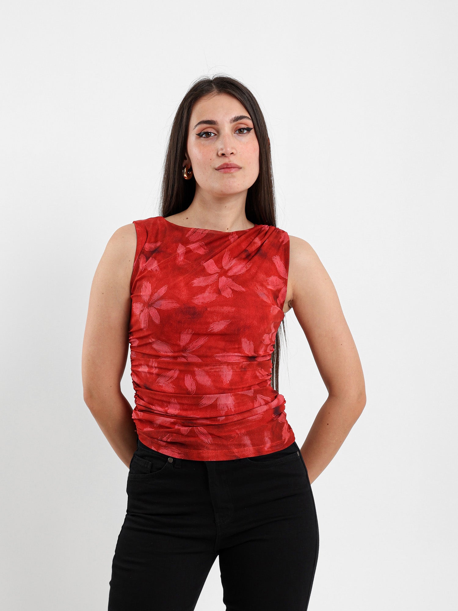 Mesh Gathered Printed Top