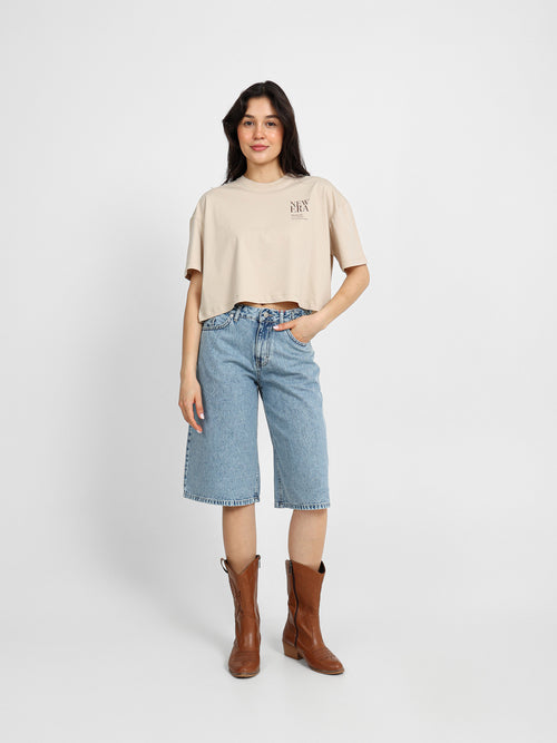 Tie Waist Denim Bermuda Shorts