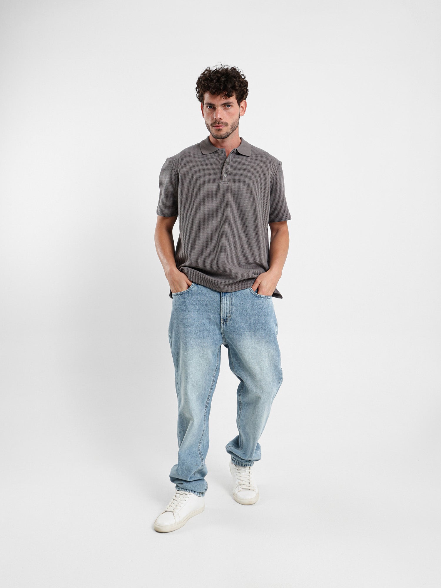 Oversized Textured Half-Sleeve Polo