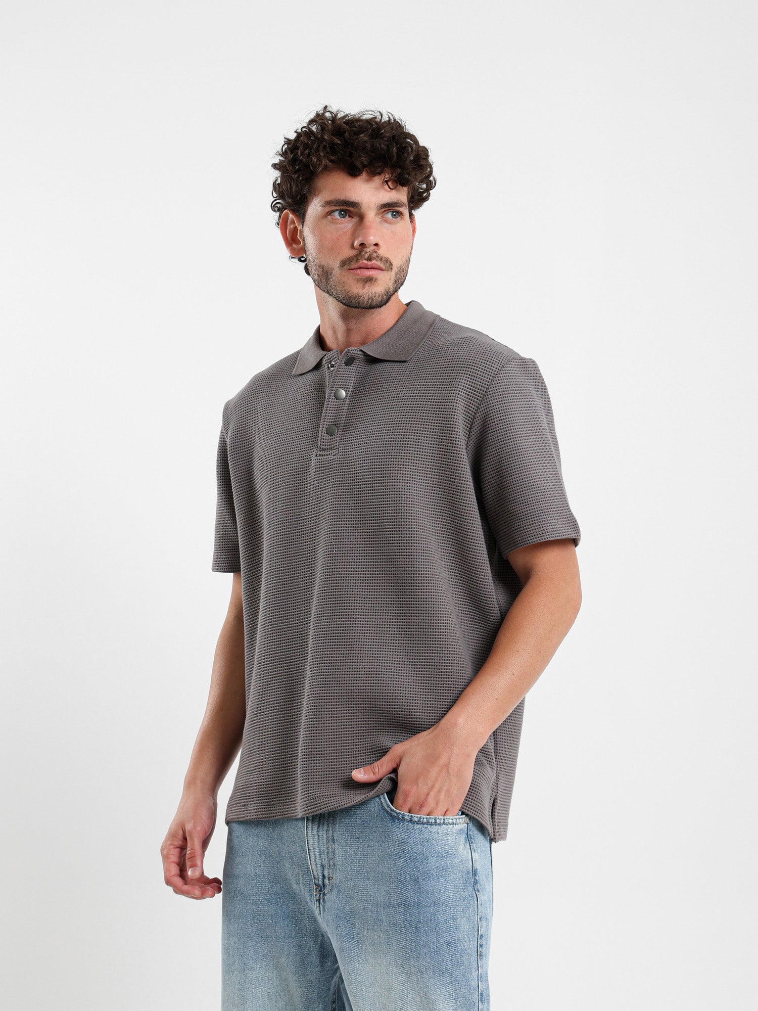 Oversized Textured Half-Sleeve Polo