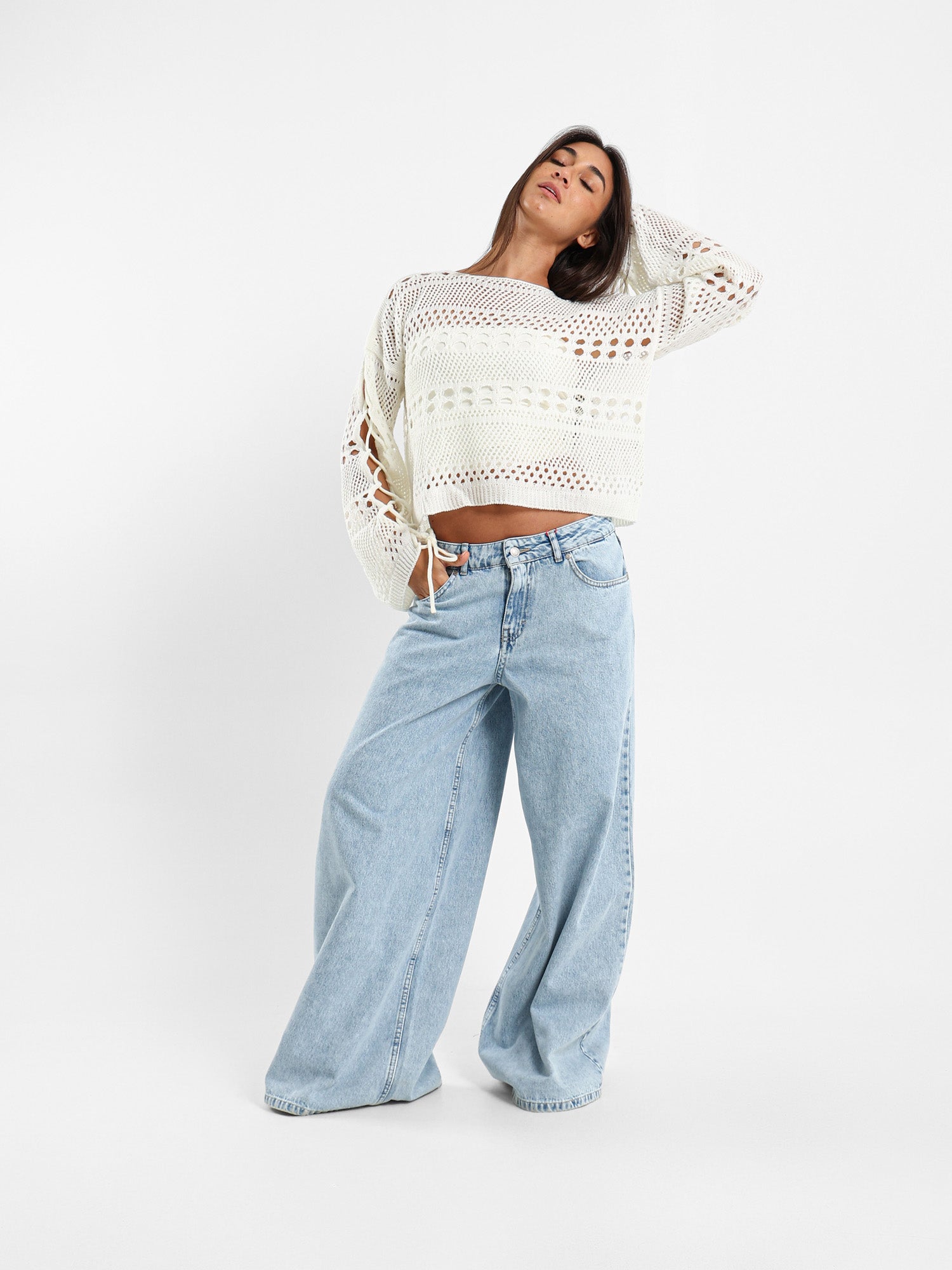 Open Knit Lace-Up Sleeve Top