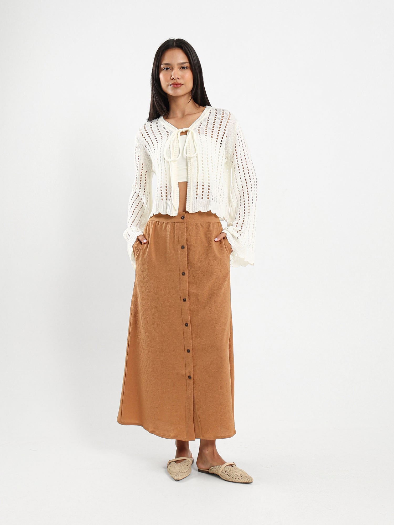 Cropped Tie Front Openwork Cardigan