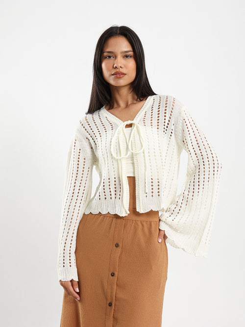 Cropped Tie Front Openwork Cardigan