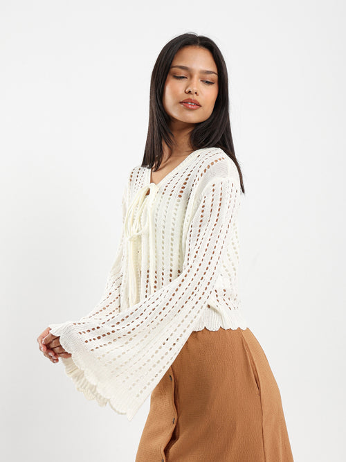 Cropped Tie Front Openwork Cardigan