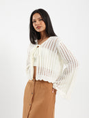 Cropped Tie Front Openwork Cardigan