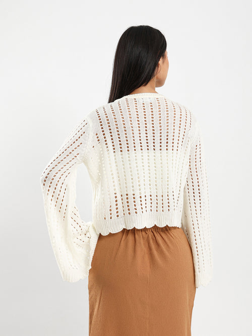 Cropped Tie Front Openwork Cardigan