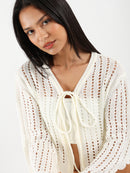 Cropped Tie Front Openwork Cardigan
