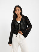 Cropped Tie Front Openwork Cardigan