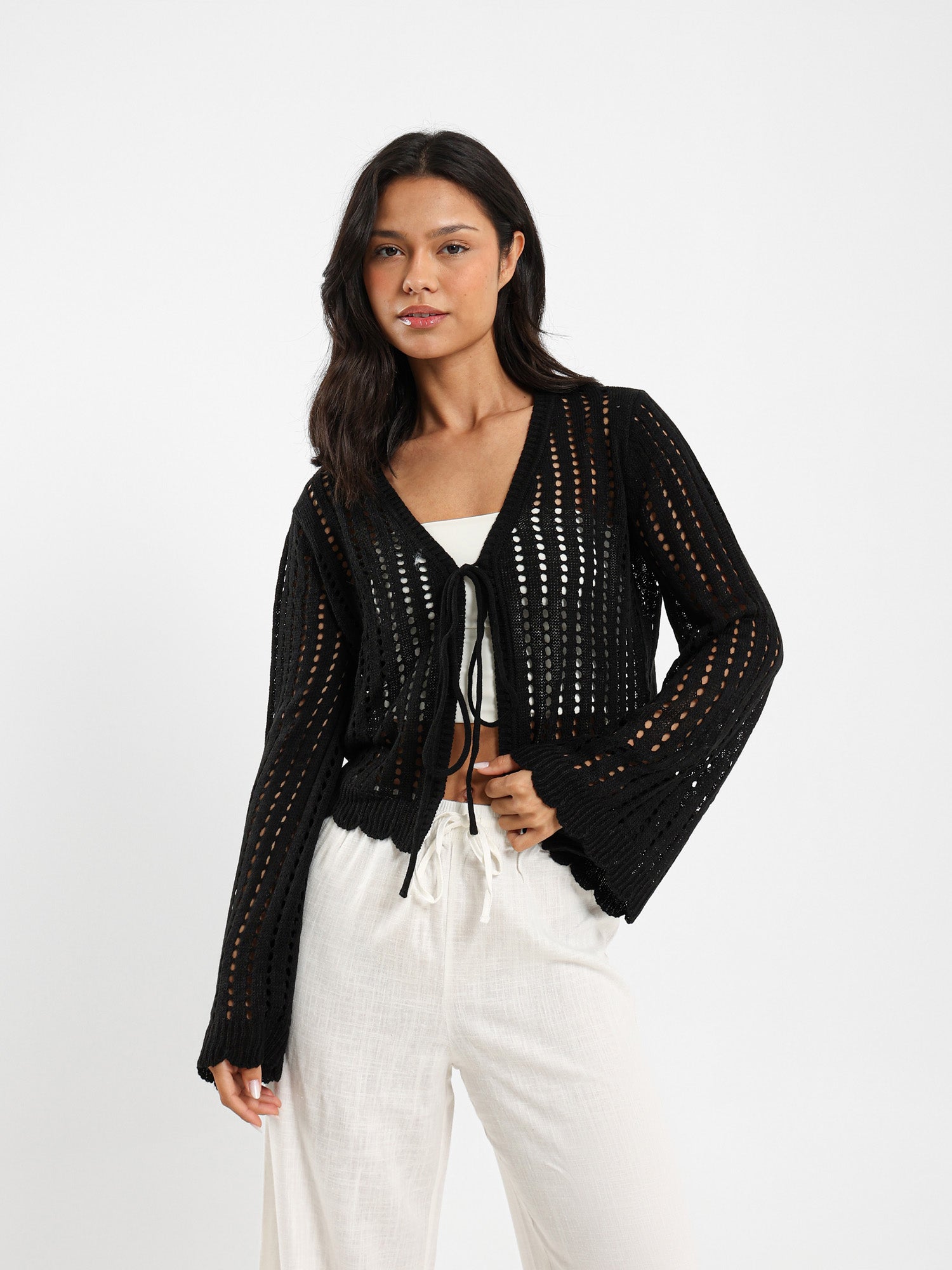 Cropped Tie Front Openwork Cardigan
