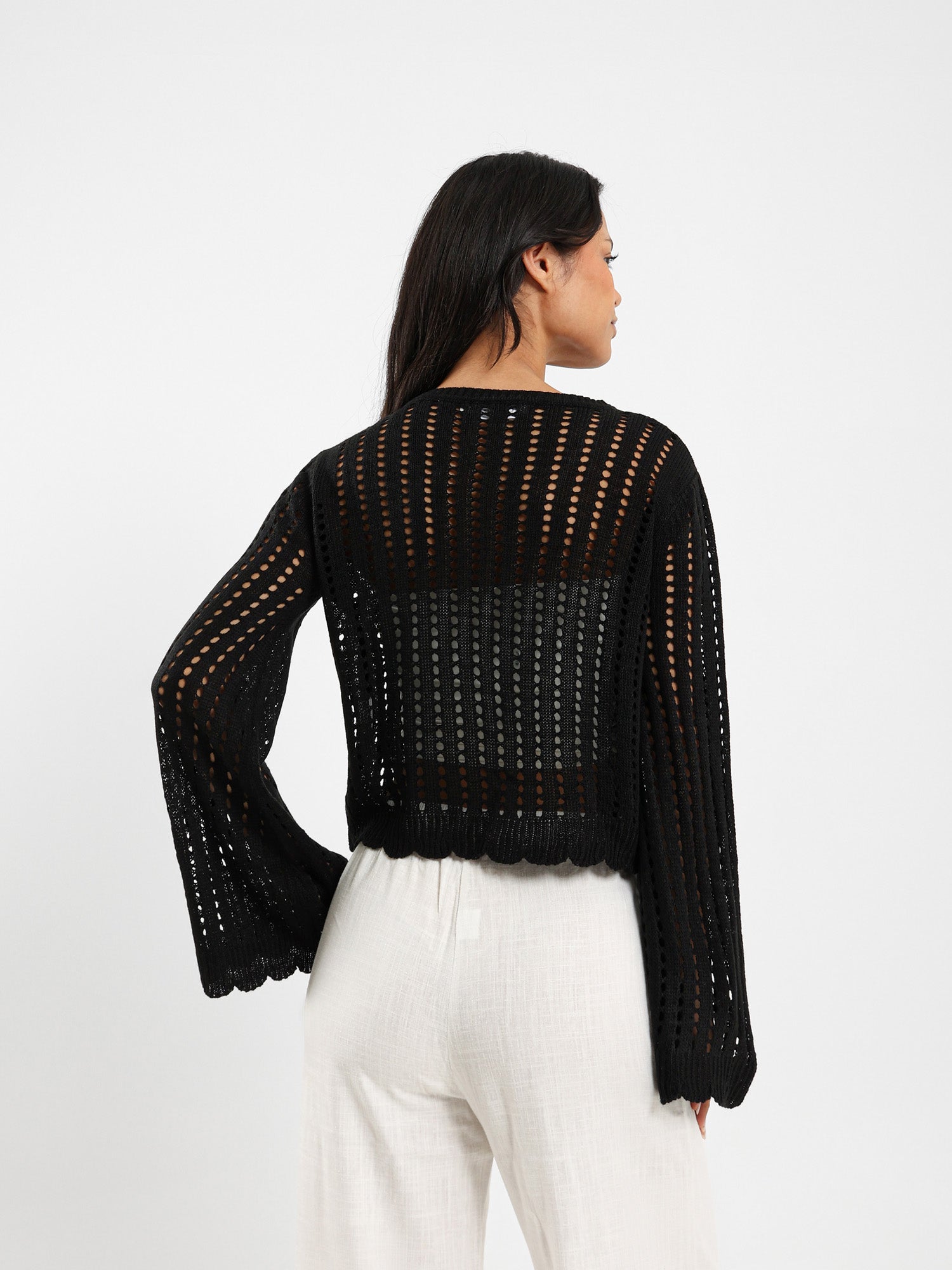 Cropped Tie Front Openwork Cardigan