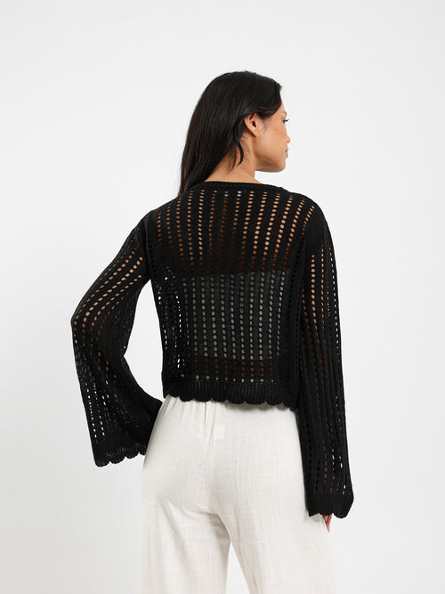 Cropped Tie Front Openwork Cardigan