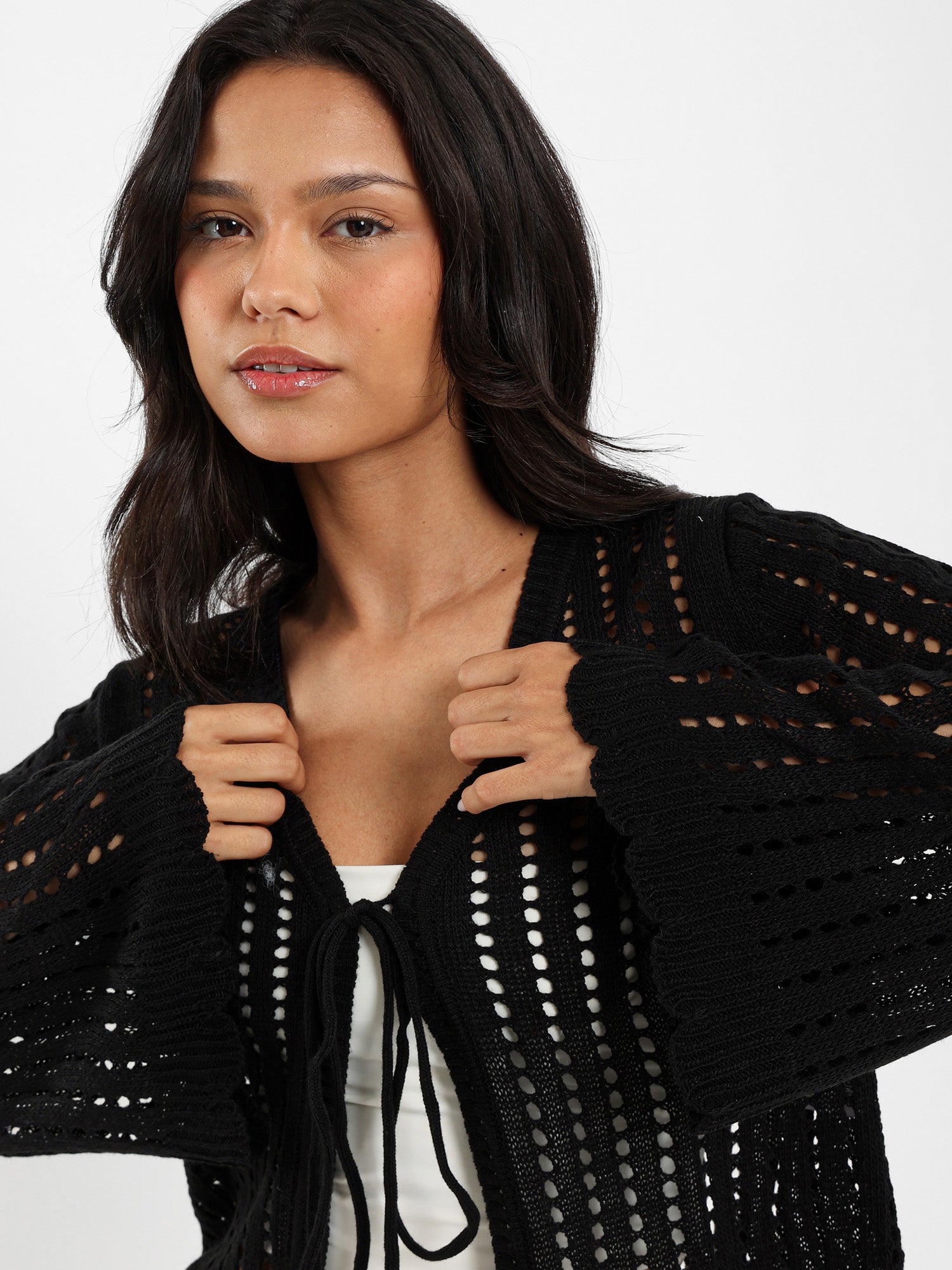 Cropped Tie Front Openwork Cardigan