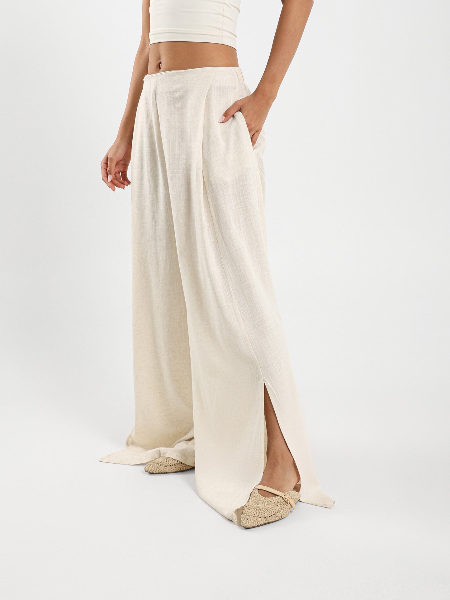 Slit Front Wide Leg Linen Pants