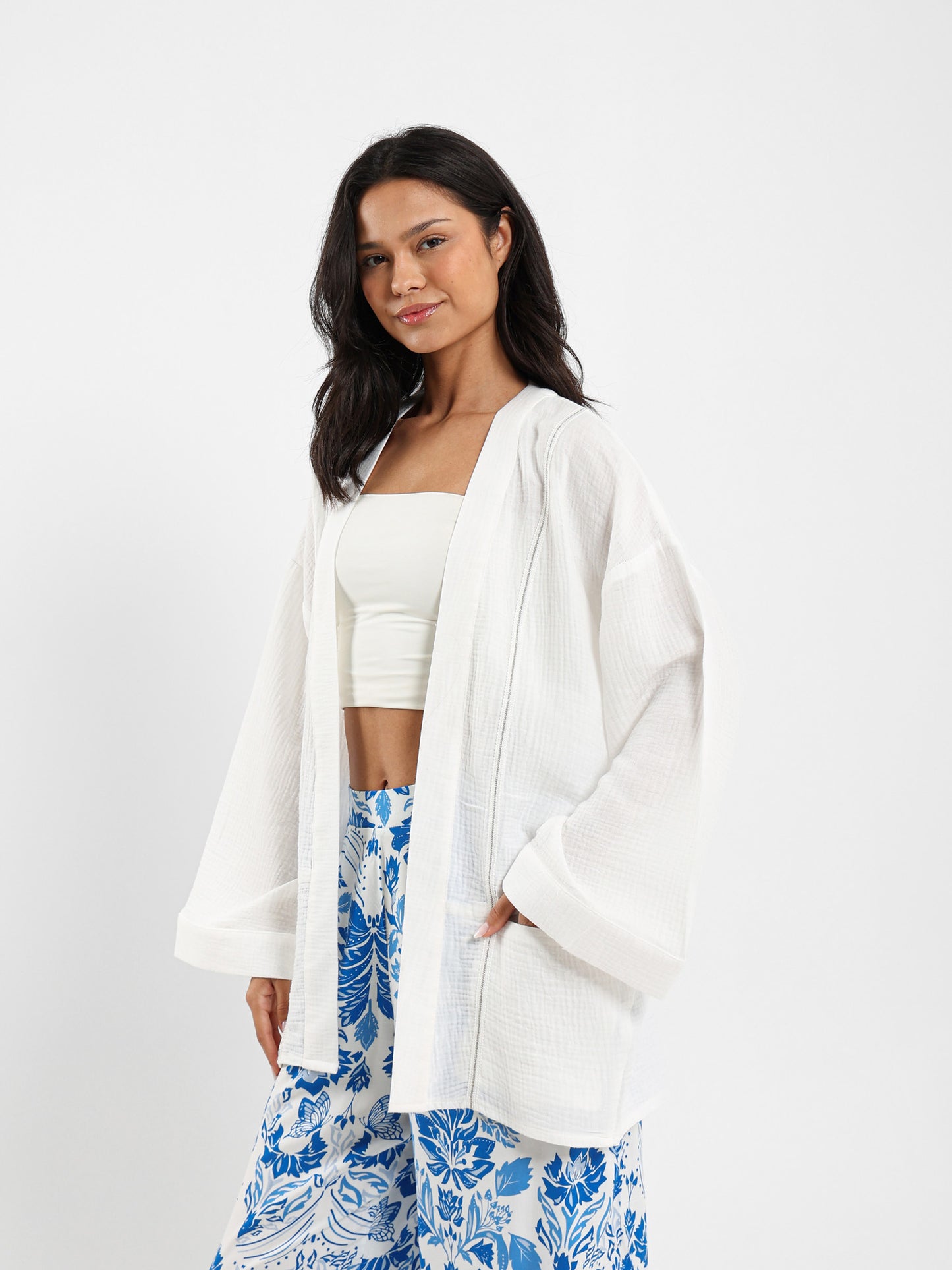 Embroidered Crinkle Kimono Jacket