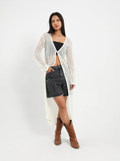 High-Waist Ripped Denim Shorts with Slit