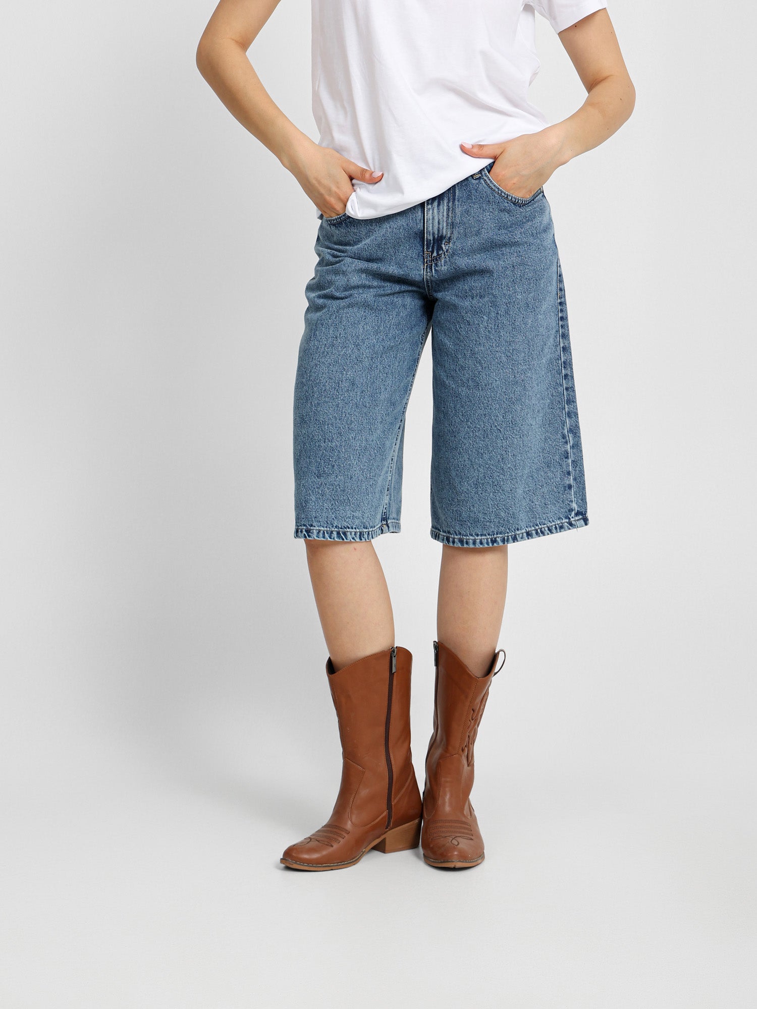 Tie Waist Denim Bermuda Shorts