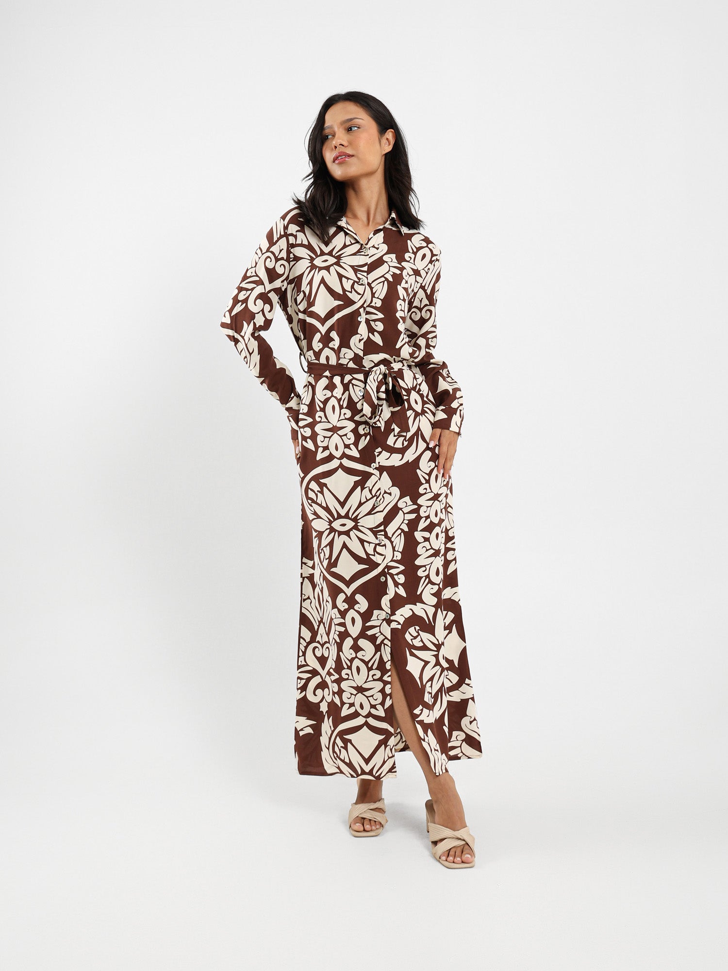 Printed Long Sleeve Shirt Dress