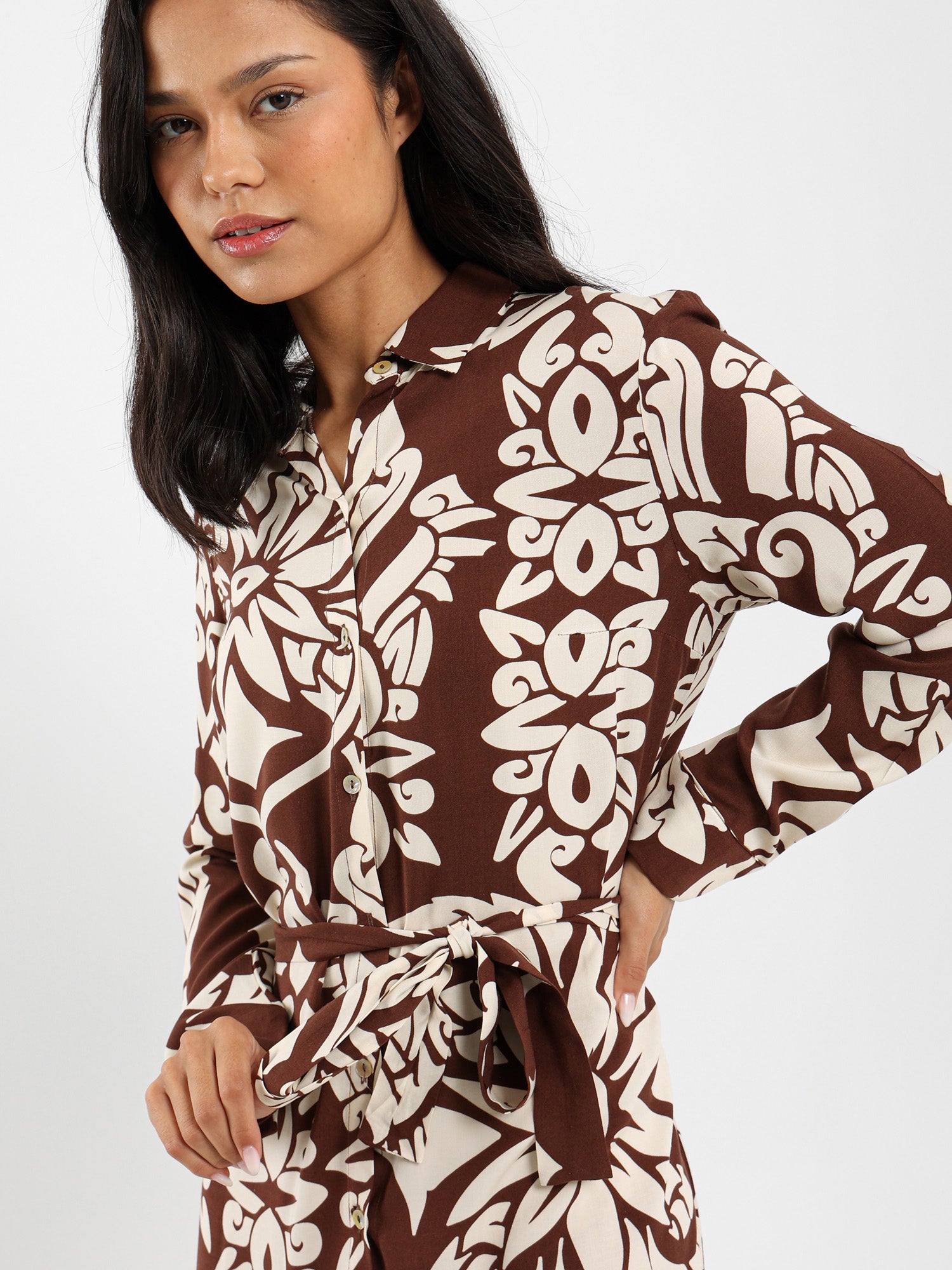 Printed Long Sleeve Shirt Dress