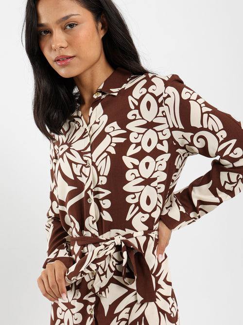 Printed Long Sleeve Shirt Dress
