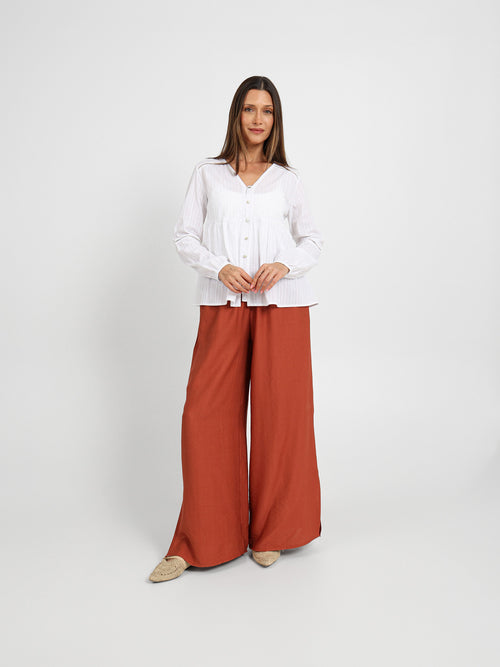 Textured Trimmed V Neck Blouse