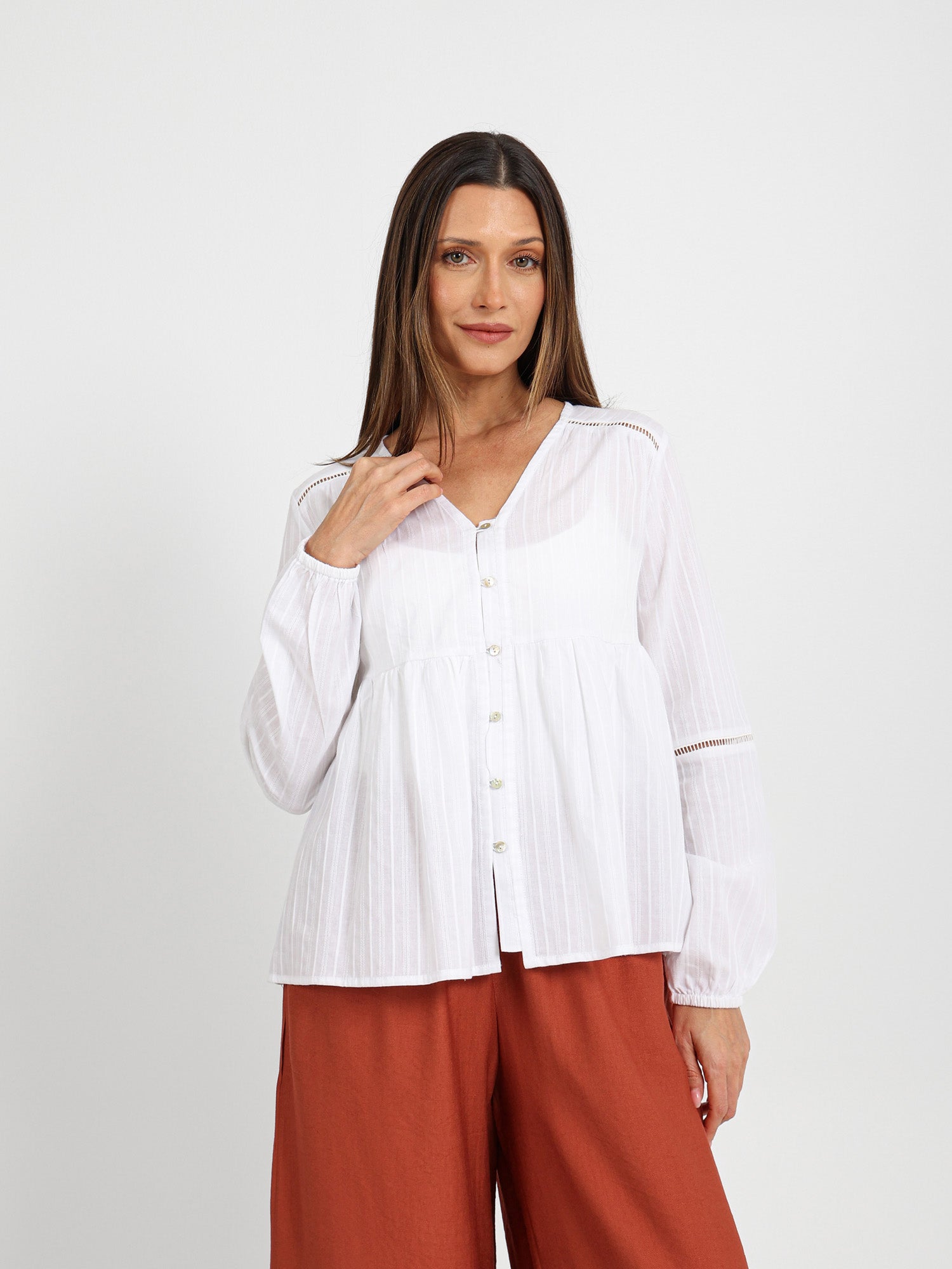 Textured Trimmed V Neck Blouse